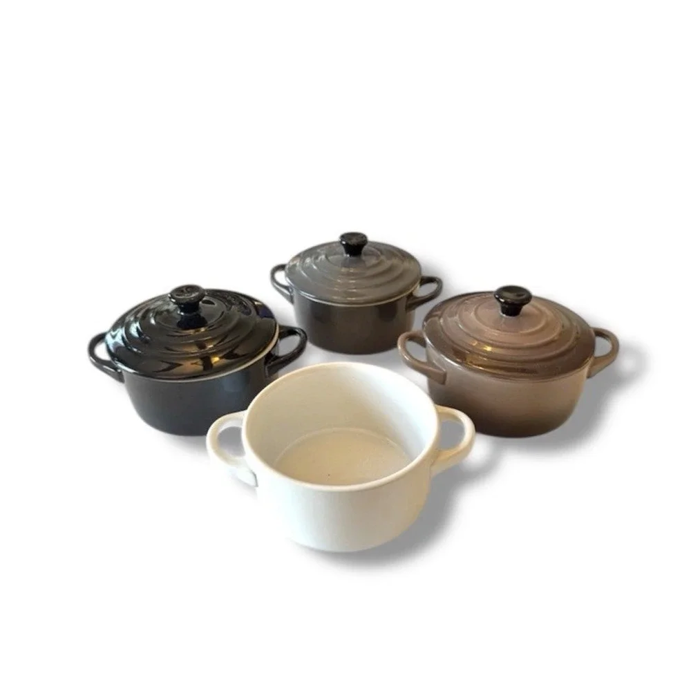 Le Creuset Mini Round Cocotte Set/3 Flint Grey, Fig, Black With Lids Plus Bonus